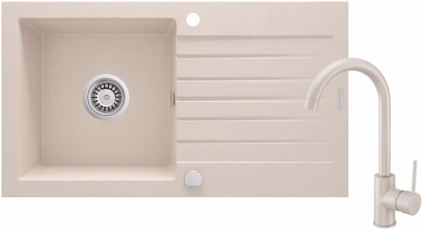 Lavello in granito beige, 1 vasca con sgocciolatoio + miscelatore, beige opaco, incassato, con sifone salvaspazio, set da cucina