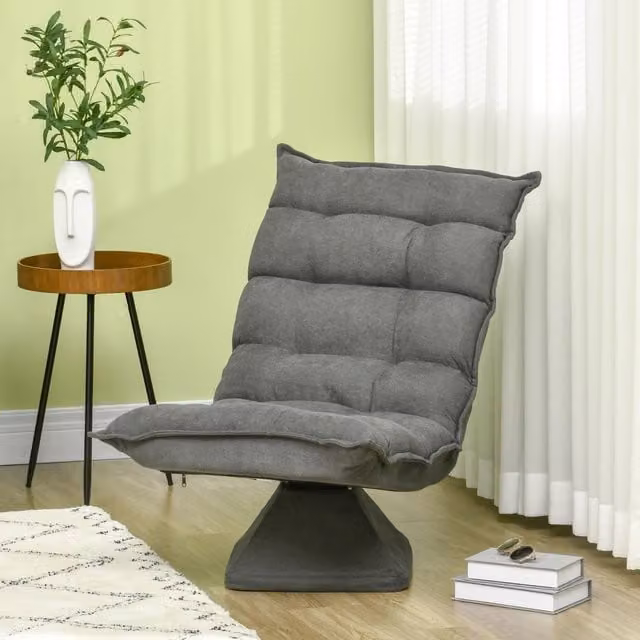 Poltrona relax girevole OKWISH in velluto grigio con schienale reclinabile e base in metallo