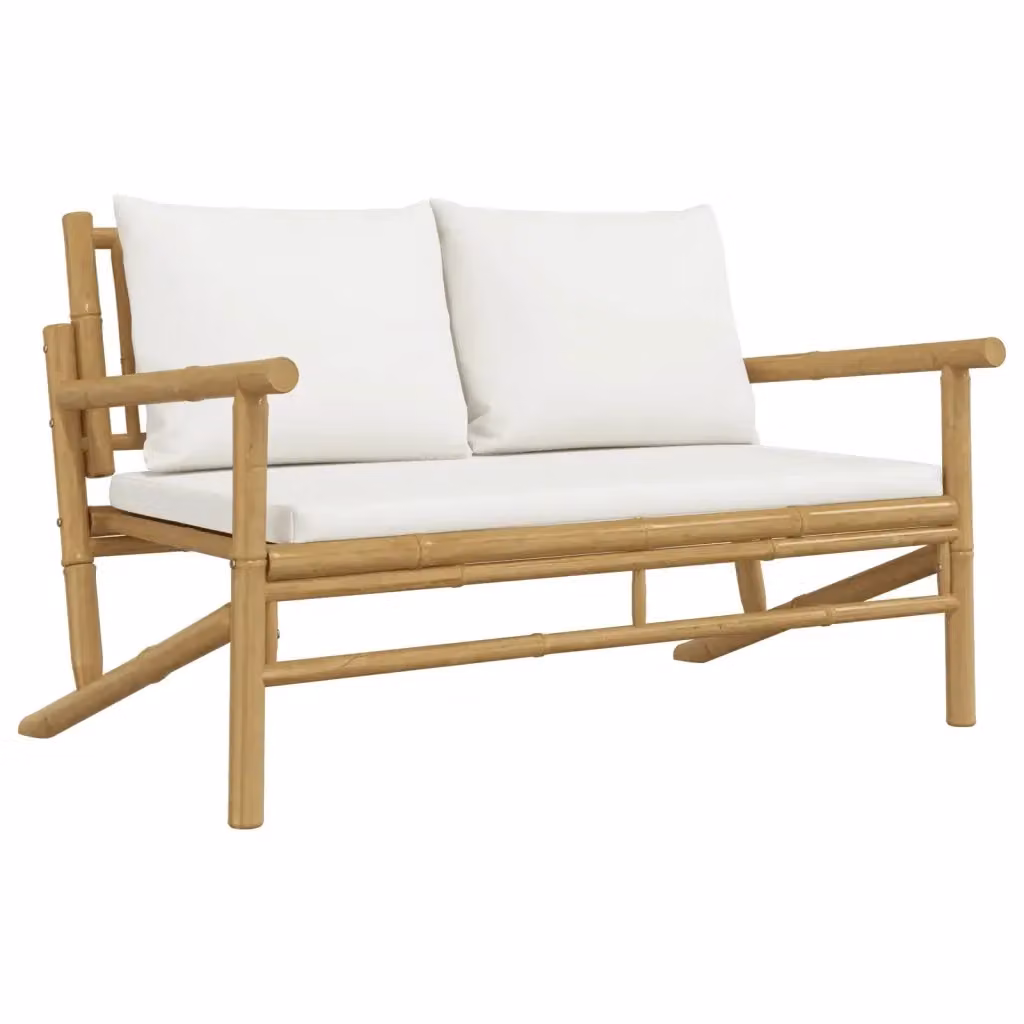 Panca da giardino vidaXL in bambù e rattan con cuscini bianchi e braccioli – 2