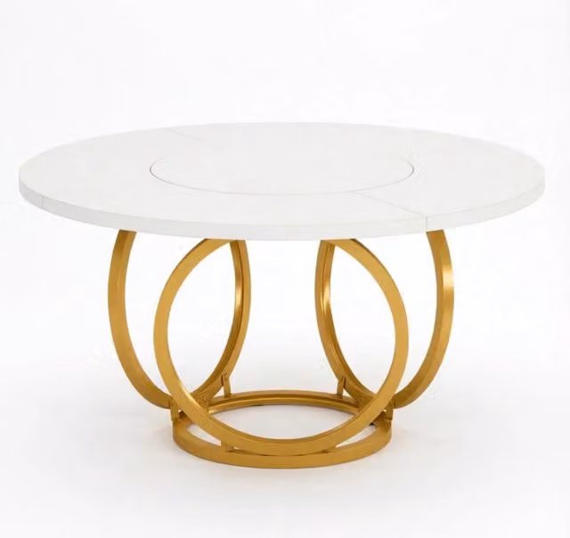 Tavolo da pranzo rotondo FOLYNA per 4-6 persone con base in metallo e piano in MDF bianco e oro, Diametro: 120 cm – 1