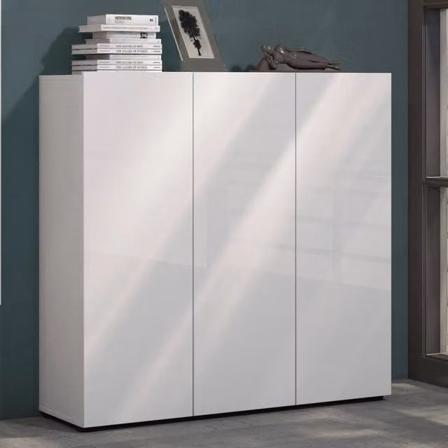 Mobile Portascarpe Alcazar, Scarpiera 24 Paia Made in Italy, 120x34x115h cm Bianco Lucido