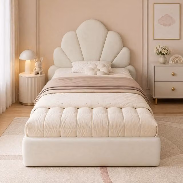 Letto singolo imbottito in velluto beige 90x200 cm con testiera a petali