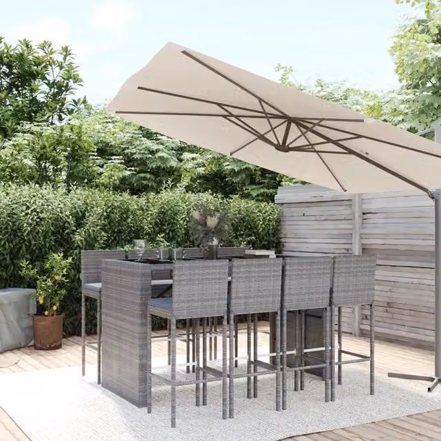 Set Bar da Giardino 9 pz con Cuscini in Polyrattan Grigio 3187630