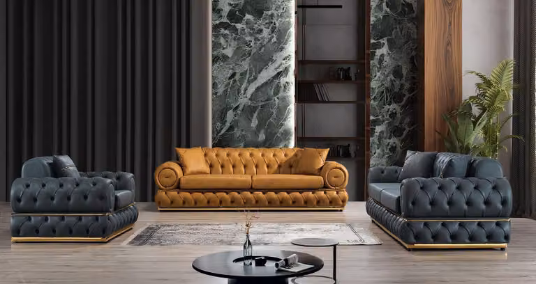 Sofagarnitur 3+3+1 Sitzer Garnitur Sofa Sessel Sofas Leder Luxus Chesterfield
