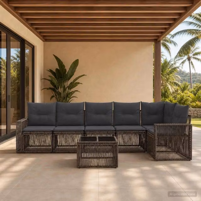 Set Divano da Giardino a L con Tavolino vidaXL, 7 Pezzi in Polyrattan Grigio e Antracite con Cuscini Inclusi – 1