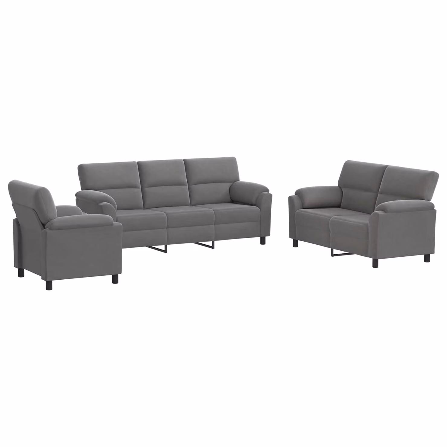 Set di divani moderno vidaXL in velluto grigio scuro composto da divano a 3 posti, divano a 2 posti e poltrona con struttura in metallo