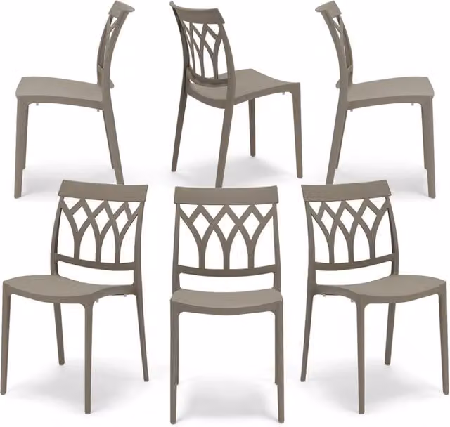 Set 6 sedie in polipropilene QUEEN, 100% MADE IN ITALY, impilabile, resistente ai raggi UV, design moderno, ideale per sala da pranzo, cucina, bar, ristoranti o giardino, colore Tortora