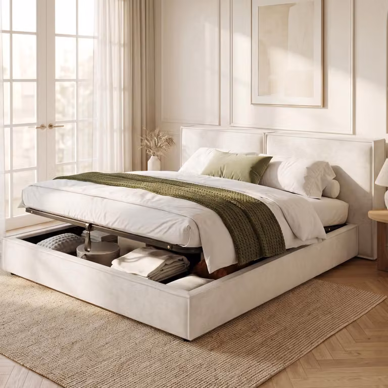 Letto imbottito idraulico Flieks, 160x200 cm, con spazio contenitore, letto a due piazze per ragazzi con testiera imbottita, letto contenitore in velluto, color beige