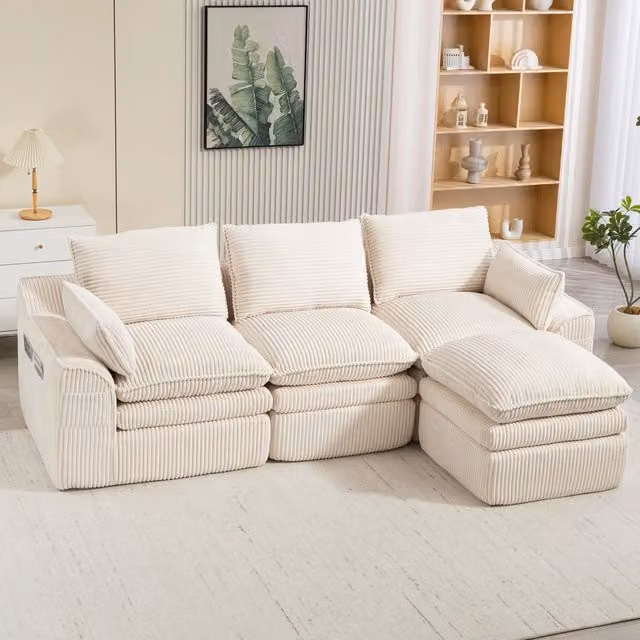Divano modulare 263x167x85 cm con pouf in velluto a coste beige