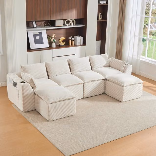 Divano modulare in velluto a coste beige 322x161 cm HAVRYA