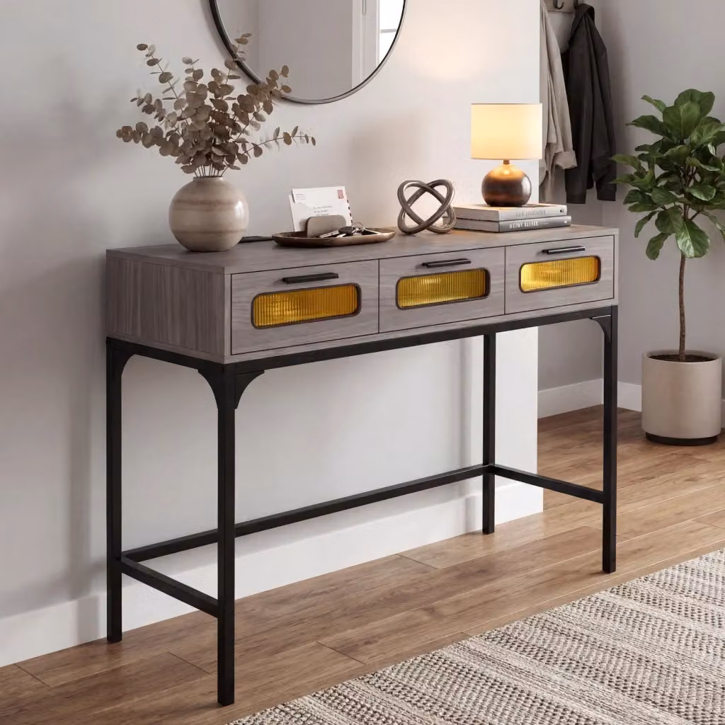 Tavolo consolle moderno DESIGN IN con luci LED e stazione di ricarica USB, Grigio e Nero, L: 90 cm, P: 40 cm, H: 75 cm – 2
