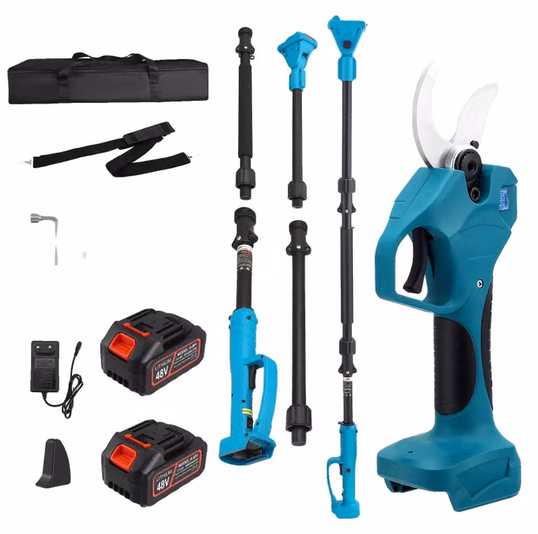 Potatore elettrico, motore brushless, lunghezza regolabile, colore blu, dotato di due batterie