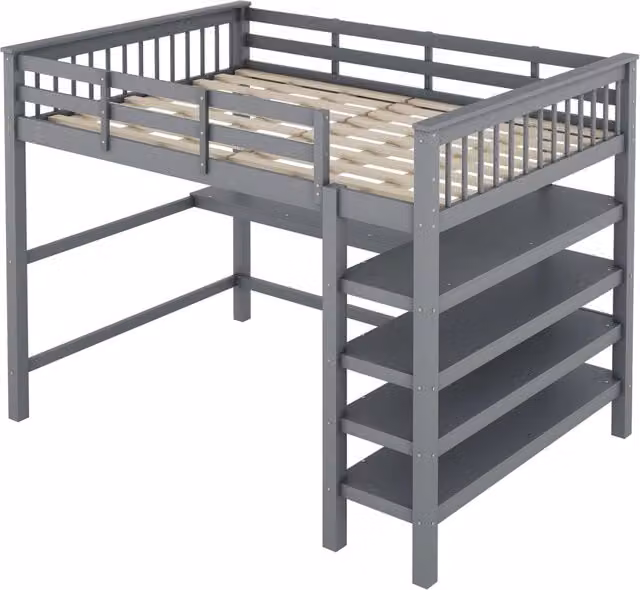 Letto a soppalco per bambini 140x200 cm con scrivania e mensole, senza materasso, grigio