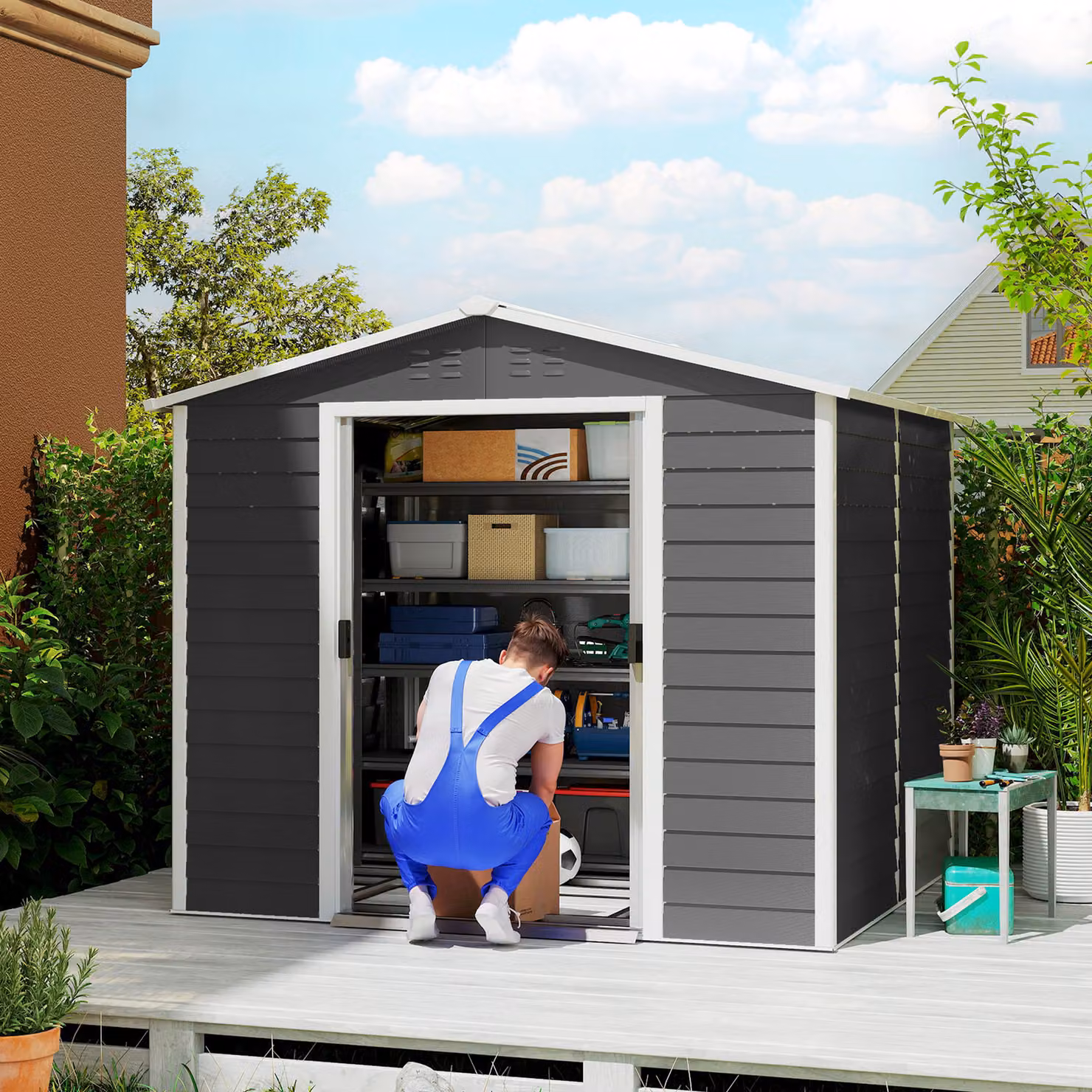Casetta da giardino Outsunny in metallo galvanizzato con porte doppie bloccabili, Grigio scuro, L: 240 cm, P: 206 cm, H: 198 cm – 2
