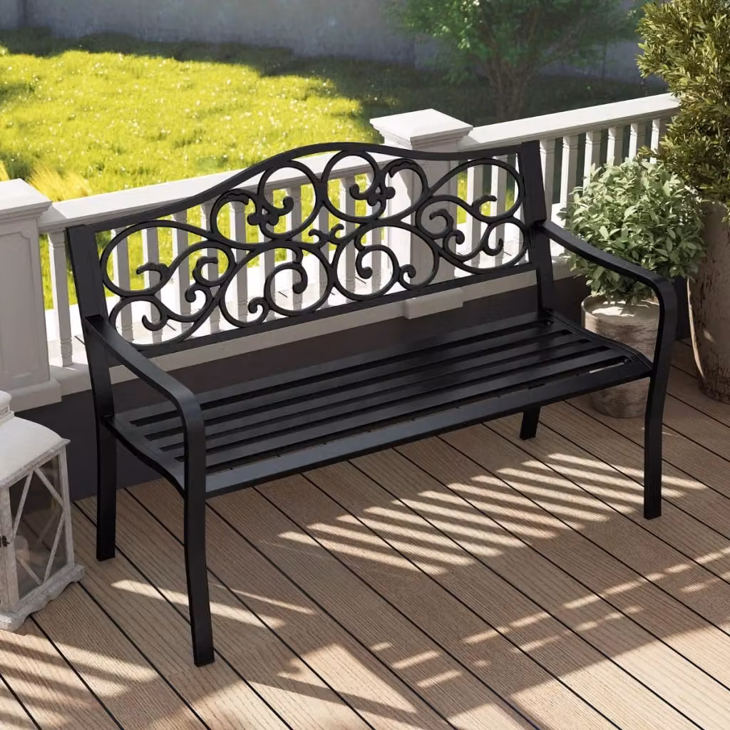Panchina da giardino con schienale a design floreale e seduta a listoni in metallo nero, Larghezza: 128 cm – 2