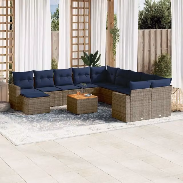 Set di divani da giardino vidaXL in polyrattan e legno di acacia oliato con cuscini grigi e blu, 14 pezzi
