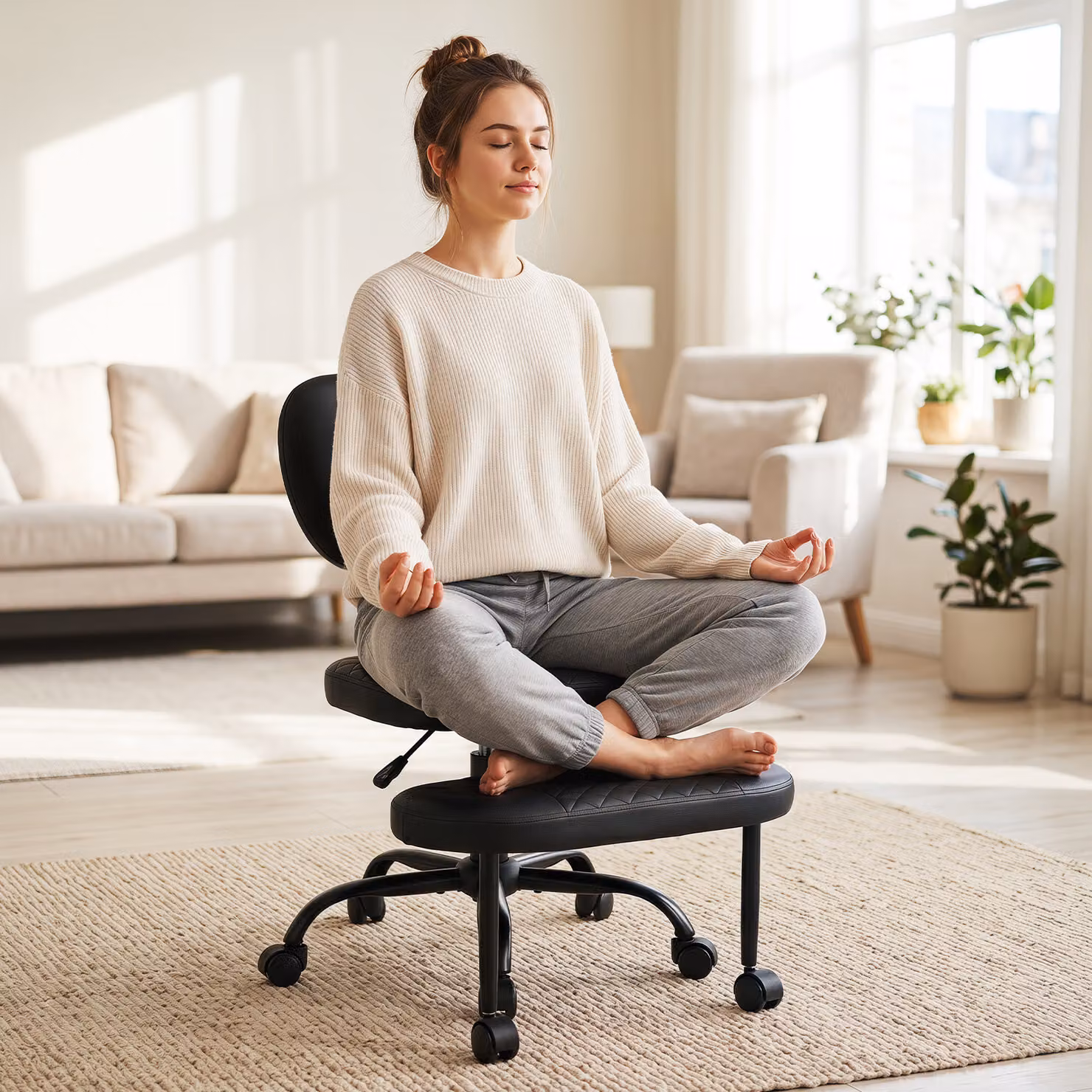 Sedia da meditazione e ufficio ergonomica Costway nera in similpelle con poggiapiedi girevole e ruote