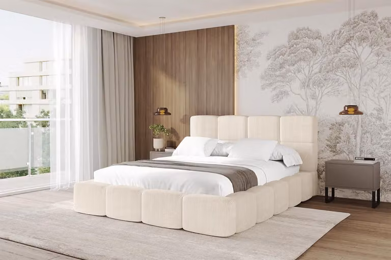 Letto imbottito ALTDECOR con contenitore - NATA 140x200 beige, letto con testiera, letto contenitore con materasso H3/H4, letto matrimoniale con contenitore