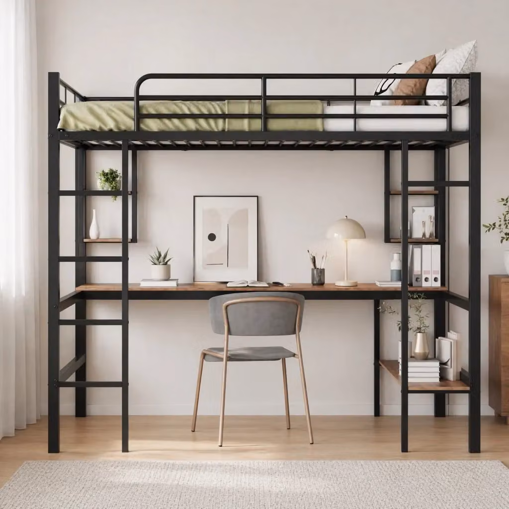 Letto a castello REDOM per bambini in metallo e MDF nero con scrivania e scaffali L/P/H: 204 x 140 x 180 cm – 2
