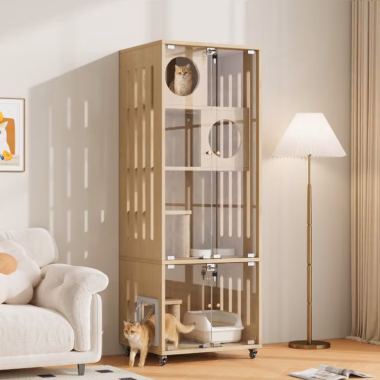Alberi per gatti con palo da graffio in sisal, villetta per gatti con porta in vetro e serratura, trasportino per gatti mobile, dimensioni 60x50x156 cm, colore naturale