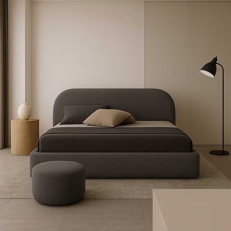 GUTTO Letto imbottito MOON grigio 200x200 con rete a doghe in metallo Letto di alta qualità in morbido tessuto Bouclé con contenitore e vano portaoggetti