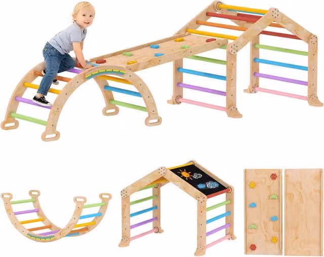 Struttura di arrampicata Xylo in legno multicolore con scivolo reversibile e altalena per bambini