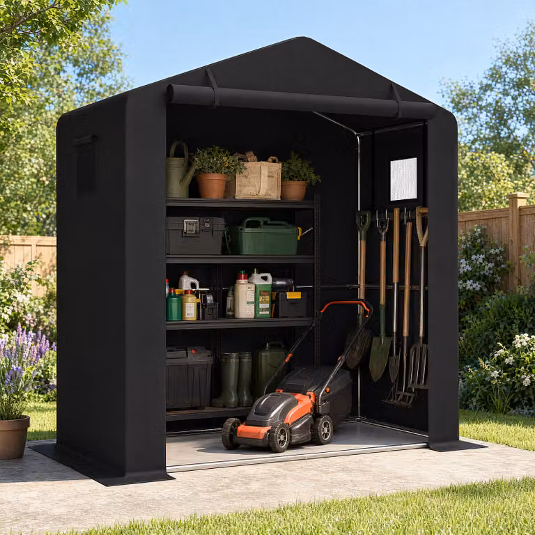 Casetta da giardino Costway per biciclette e attrezzi con finestre traspiranti e porta avvolgibile, colore Nero