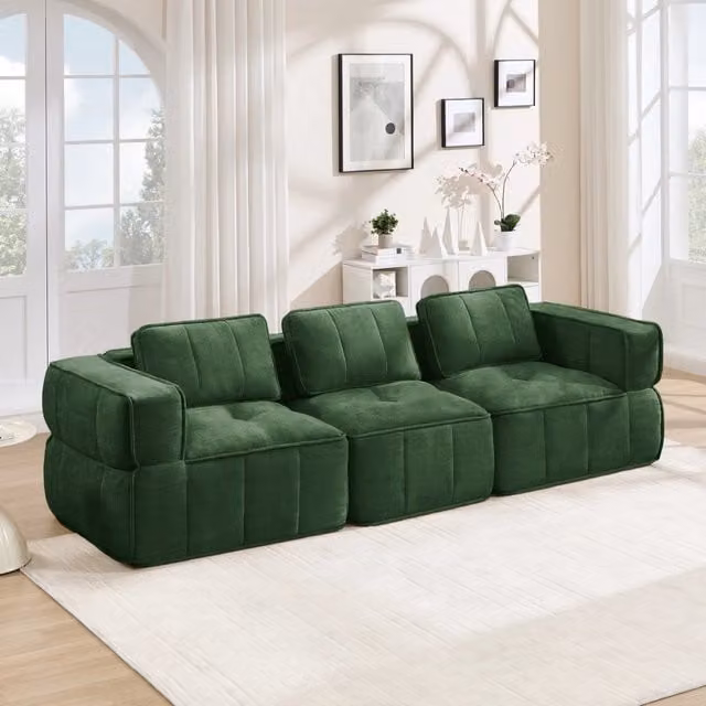 Divano modulare a 3 posti in poliestere con seduta profonda e base antiscivolo, verde 271 × 93 × 67 cm