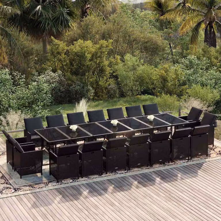 vidaXL Set da Pranzo per Giardino 19 pz in Polyrattan Nero con Cuscini e Tavolo in Vetro