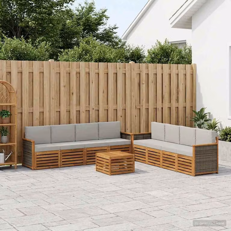 Set di divani da esterno vidaXL a forma di U in legno di acacia con tavolino da caffè, 9 pezzi, Beige e Grigio