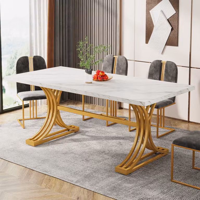 Tavolo da pranzo Tribesigns per 4-6 persone, 160 x 80 x 75 cm Tavolo da cucina moderno con piano in finto marmo ed eleganti gambe in metallo, bianco