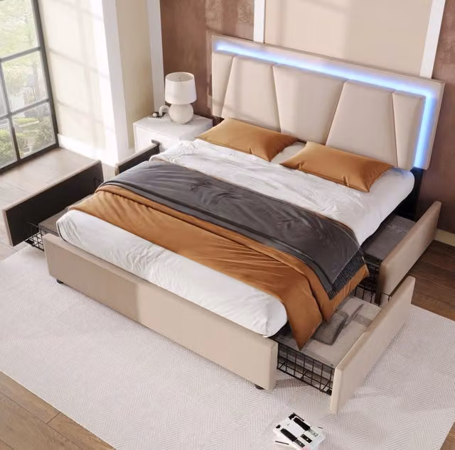 Letto matrimoniale ULEVR 140x200 cm con LED, testiera regolabile e 4 cassetti, beige