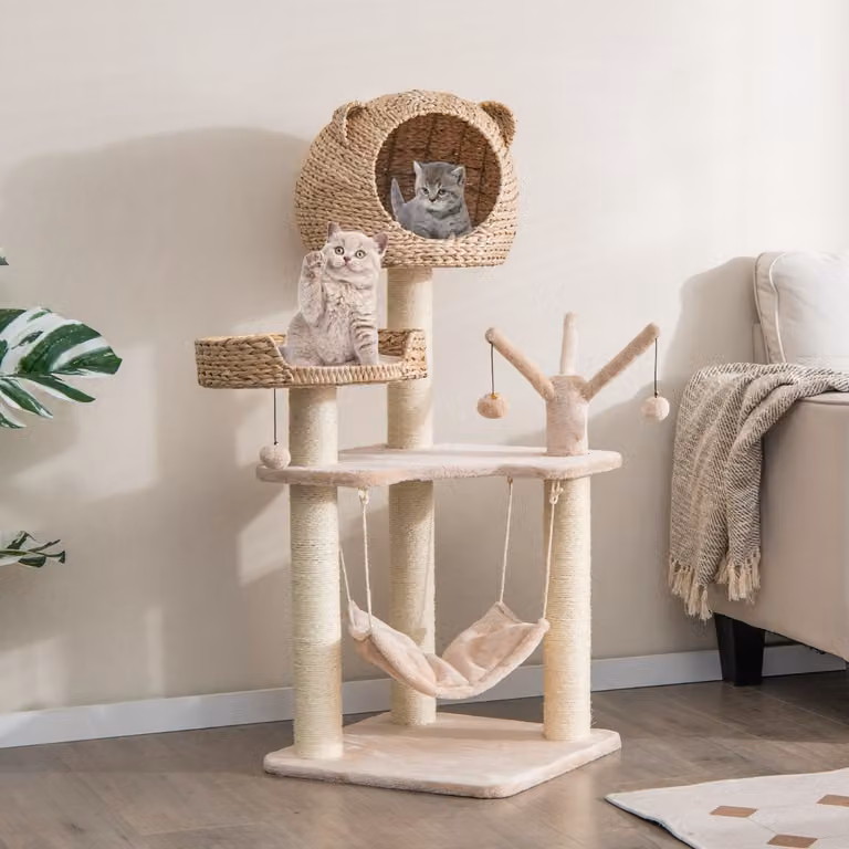 Torre per gatti Costway con casetta, amaca e centro di attività, colore beige e marrone, Altezza: 121 cm