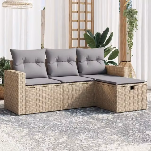 Set Divano da Giardino 4 pz con Cuscini-Sofa da Giardino-Divanetto da esterno Beige Misto Polyrattan 304116