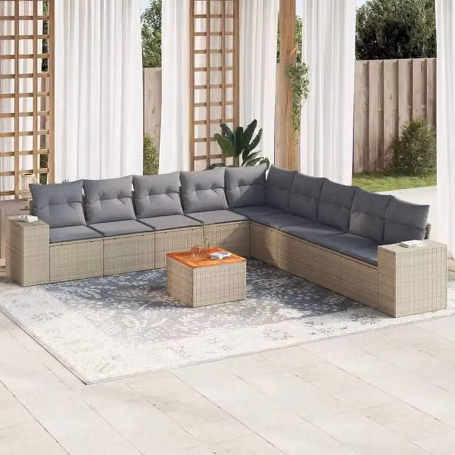 vidaXL Set Divano da Giardino 10 pz a Forma di L in Polyrattan con Cuscini Beige e Grigio e Tavolino da Caffè