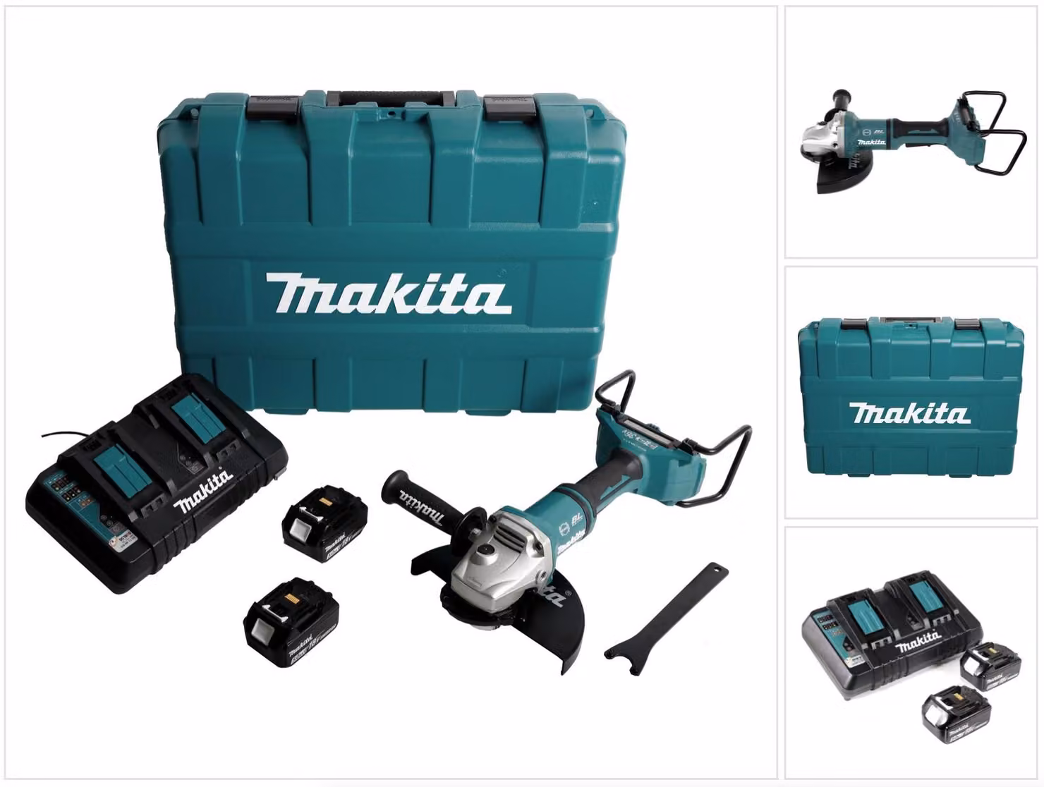 Makita DGA 900 PTKX2 Smerigliatrice a batteria 36V (2x18V) 230mm + 2x Batterie 5,0Ah + Caricatore doppio + Dado Ezynut + Valigetta Makita