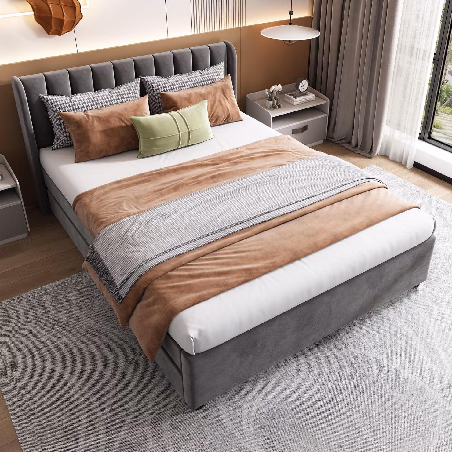 Letto imbottito 140 x 200 cm con rivestimento in velluto e 2 cassetti – Letto per ragazzi con alta testiera imbottita e doghe in legno massello, struttura del letto in grigio