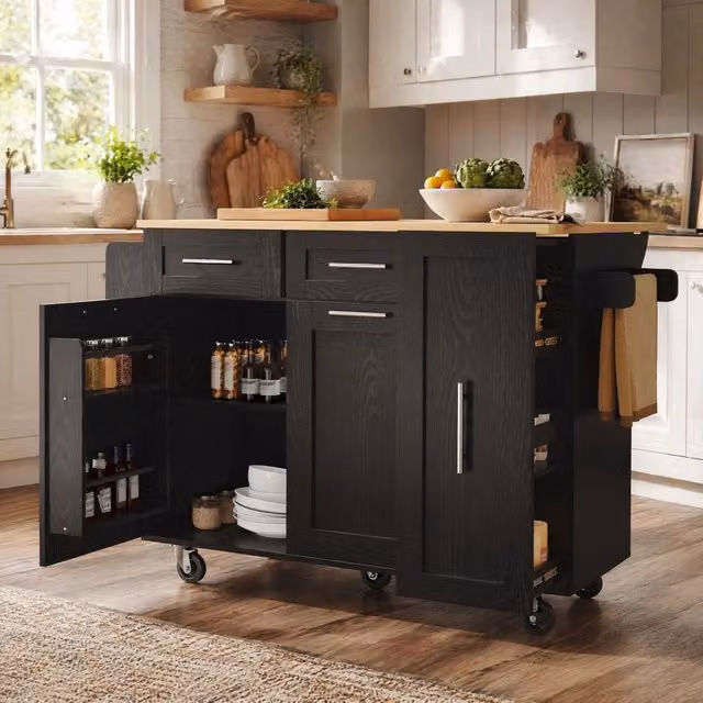 Isola cucina moderna multifunzionale con ripiani estensibili e piano in MDF effetto legno, nero, 110x46x90,5 cm