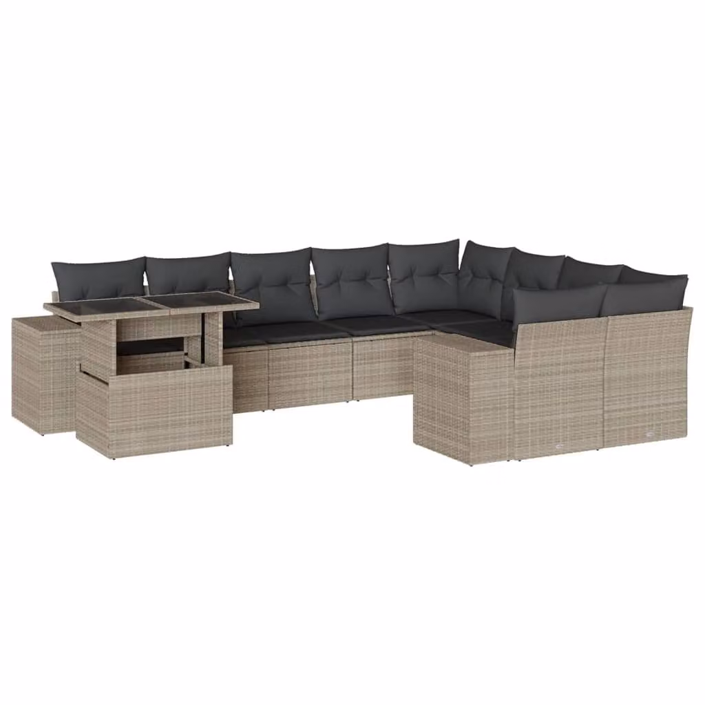 Set Divano Giardino 10 pz con Cuscini Grigio Chiaro Polyrattan