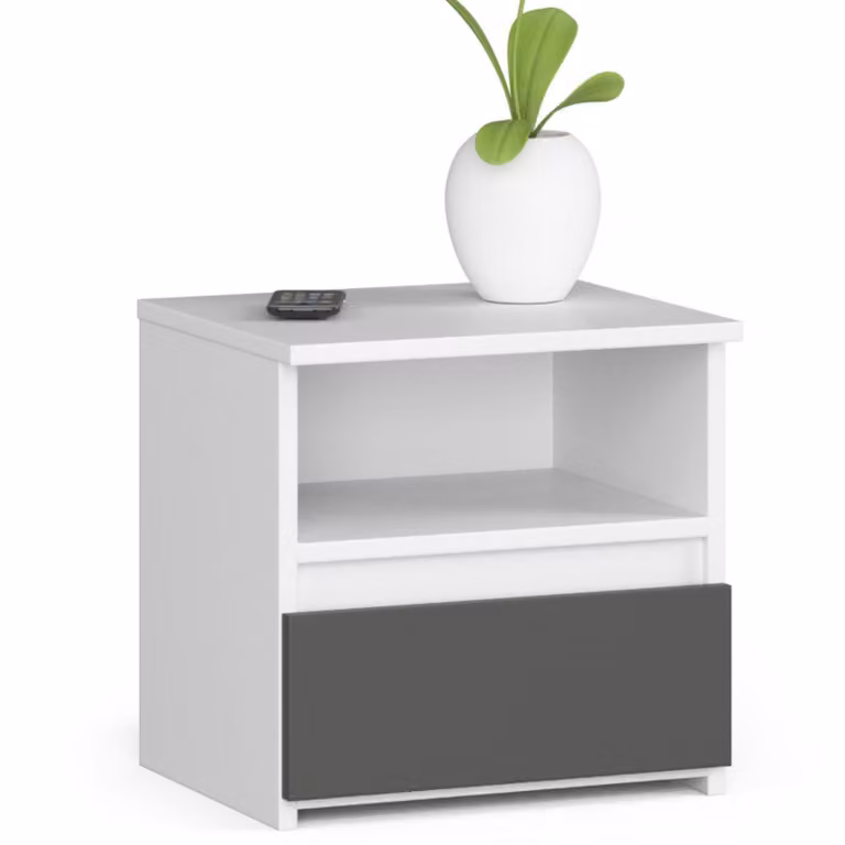 Comodino con 1 cassetto. Organizzatore per comodino. Comodino con cassetti, 40 cm di larghezza, 40 cm di altezza, bianco e grigio. Mobile alto in legno. Credenza. Mobiletto stretto