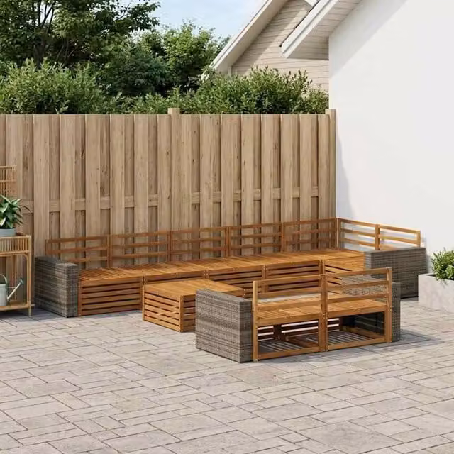 Set di divani da esterno a forma di U vidaXL in legno di acacia marrone con cuscini inclusi