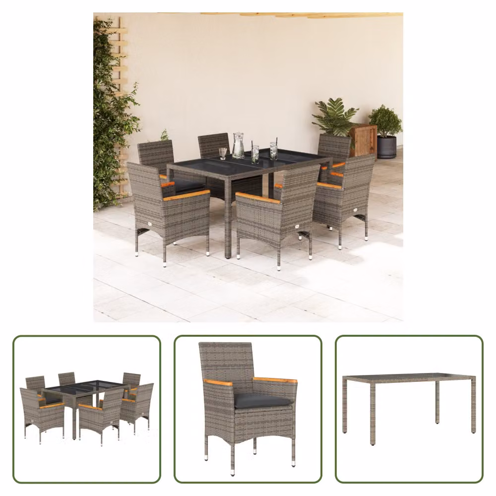 The Living Store Set da pranzo da giardino 7 pezzi con cuscini in poly rattan grigio e vetro
