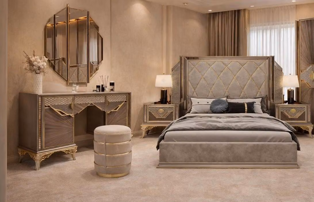 Set per camera da letto completo di letto elegante, comodini e tavolino da trucco
