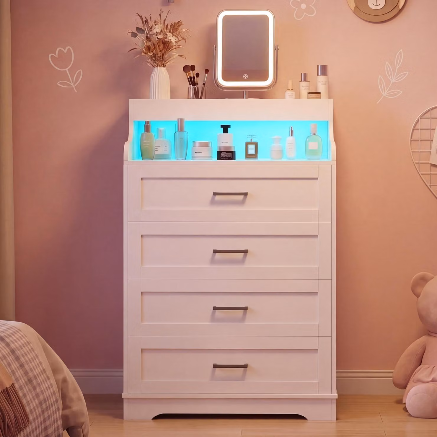 REMZETTA, cassettiera bianca con 4 cassetti e ripiano aperto, mobiletto contenitore con illuminazione RGB a LED, controllo tramite app, ideale per camera da letto, cameretta e ingresso