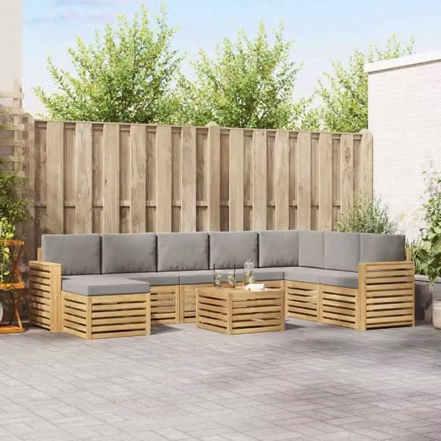 Set di divani da esterno vidaXL a forma di L composto da 9 pezzi con tavolo da caffè, pouf e cuscini, in legno di acacia e tessuto resistente ai raggi UV, Bianco e Grigio – 1