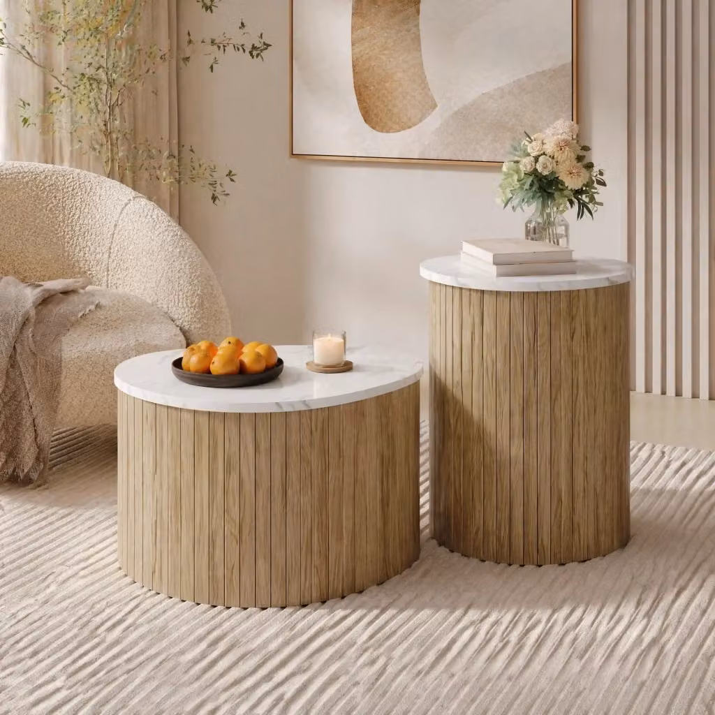 Set di 2 tavolini da caffè rotondi REDOM in MDF bianco e beige con top incastrabili L/P/H: 60 x 37 x 38 cm e 40 x 25 x 50 cm – 2