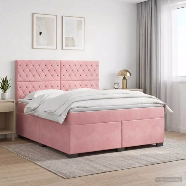 Letto box spring con materasso ibrido vidaXL in velluto rosa e bianco L/P: 160 x 200 cm – 1