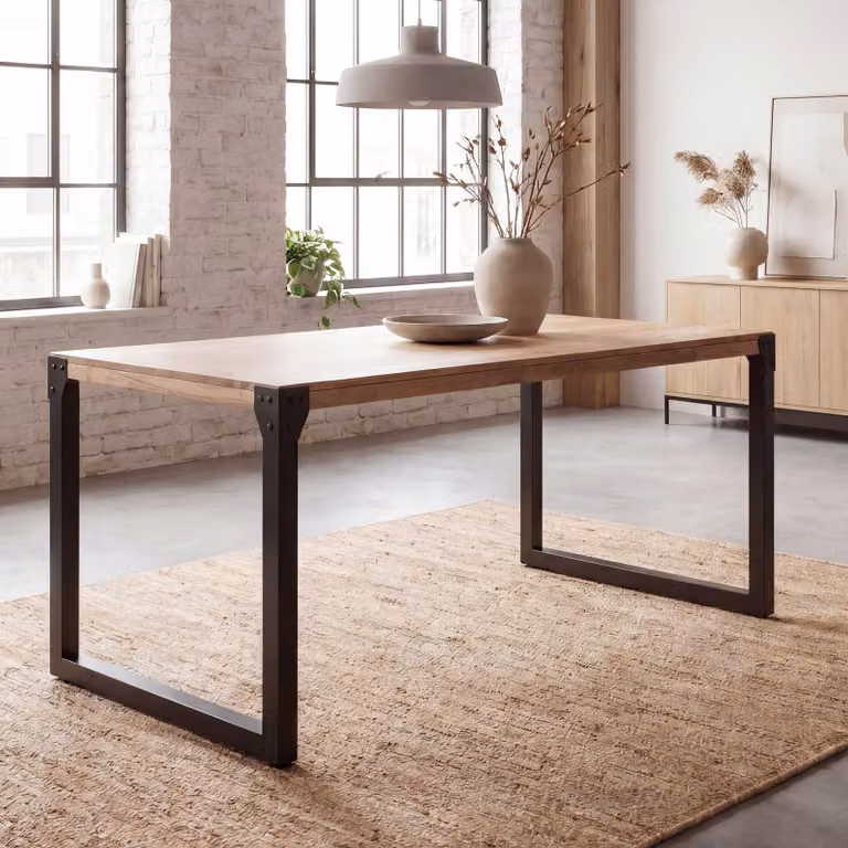 FineBuy tavolo da pranzo rettangolare 180 cm in legno massiccio di acacia - tavolo da sala da pranzo dal design industriale con struttura in metallo, tavolo da cucina in legno massiccio 6 - 8 persone