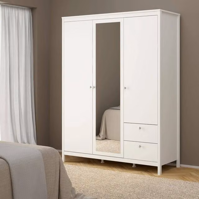 Armadio 3 ante Rufina DMORA per camera da letto, bianco opaco, L: 150 cm, P: 58,4 cm, H: 199 cm