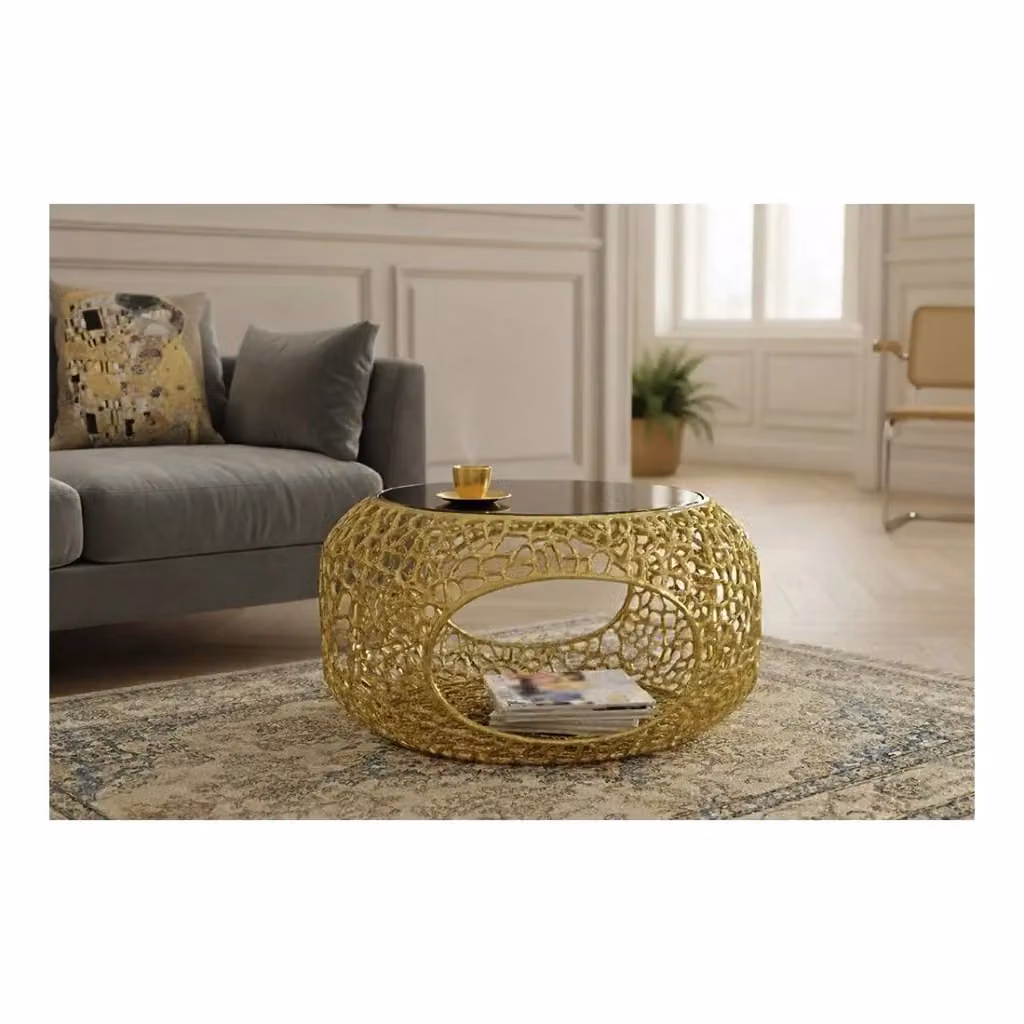 Tavolino da salotto rotondo METRIX Meublorama con piano in vetro nero e struttura dorata, design geometrico con colonna centrale, Diametro: 74 cm, Altezza: 40 cm – 2
